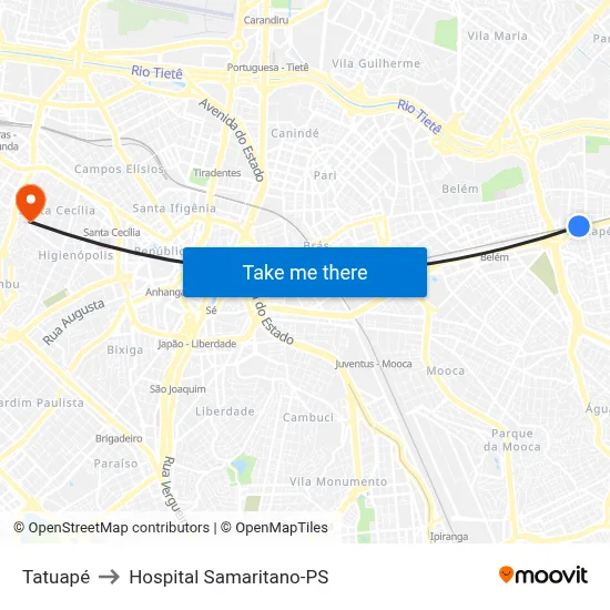 Tatuapé to Hospital Samaritano-PS map