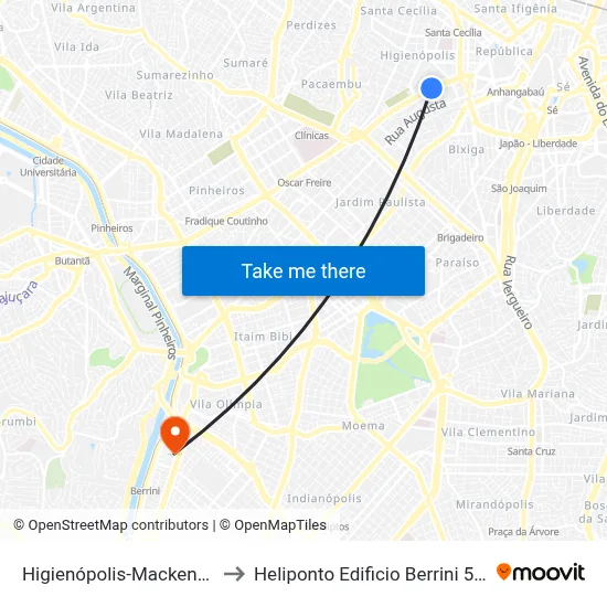 Higienópolis-Mackenzie to Heliponto Edificio Berrini 500 map