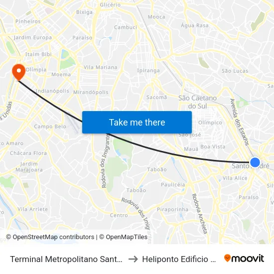 Terminal Metropolitano Santo André Oeste to Heliponto Edificio Berrini 500 map