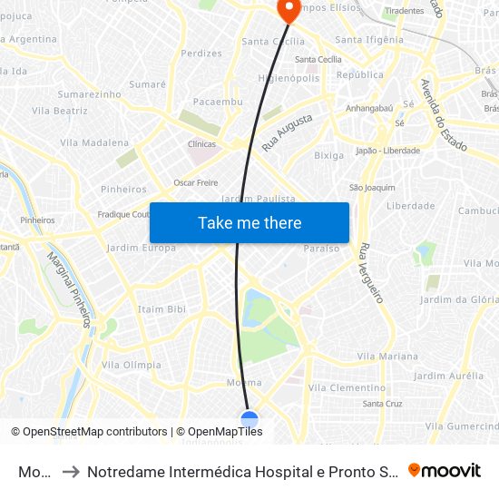 Moema to Notredame Intermédica Hospital e Pronto Socorro Santa Cecilia map