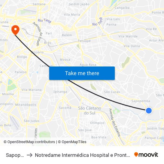 Sapopemba to Notredame Intermédica Hospital e Pronto Socorro Santa Cecilia map