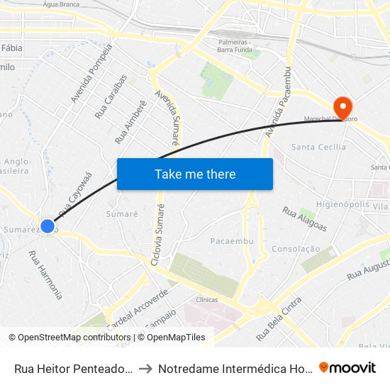 Rua Heitor Penteado, 1230 • Metrô Vila Madalena to Notredame Intermédica Hospital e Pronto Socorro Santa Cecilia map