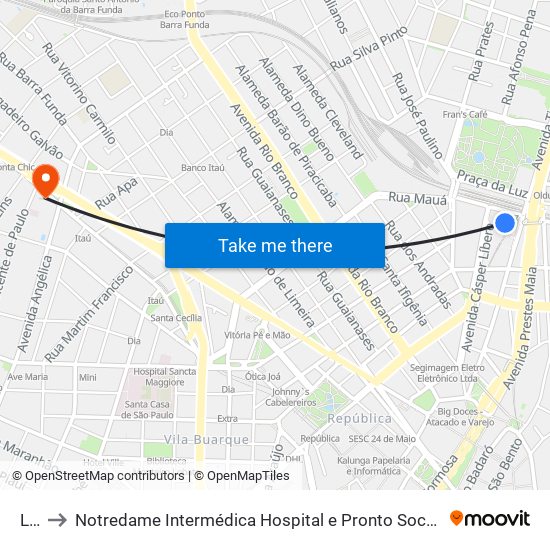 Luz to Notredame Intermédica Hospital e Pronto Socorro Santa Cecilia map