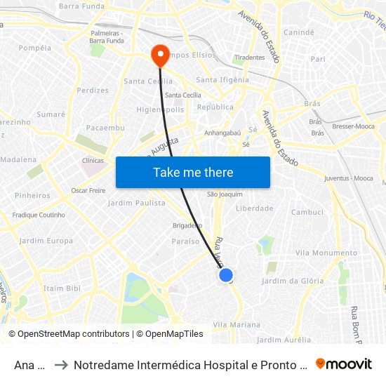 Ana Rosa to Notredame Intermédica Hospital e Pronto Socorro Santa Cecilia map