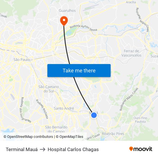 Terminal Mauá to Hospital Carlos Chagas map