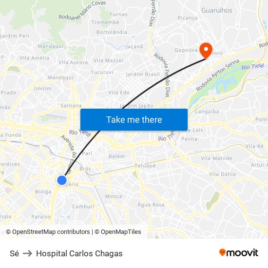 Sé to Hospital Carlos Chagas map