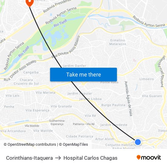 Corinthians-Itaquera to Hospital Carlos Chagas map