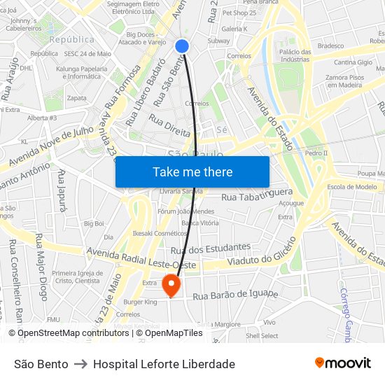 São Bento to Hospital Leforte Liberdade map