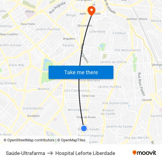 Saúde-Ultrafarma to Hospital Leforte Liberdade map