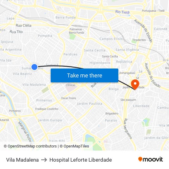 Vila Madalena to Hospital Leforte Liberdade map