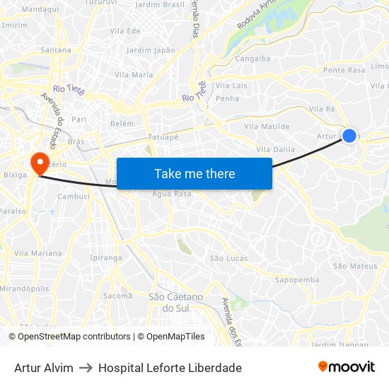 Artur Alvim to Hospital Leforte Liberdade map