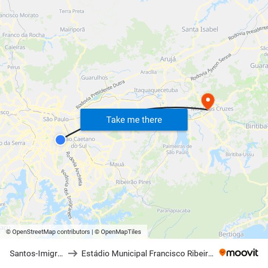 Santos-Imigrantes to Estádio Municipal Francisco Ribeiro Nogueira map