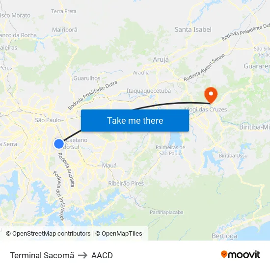 Terminal Sacomã to AACD map