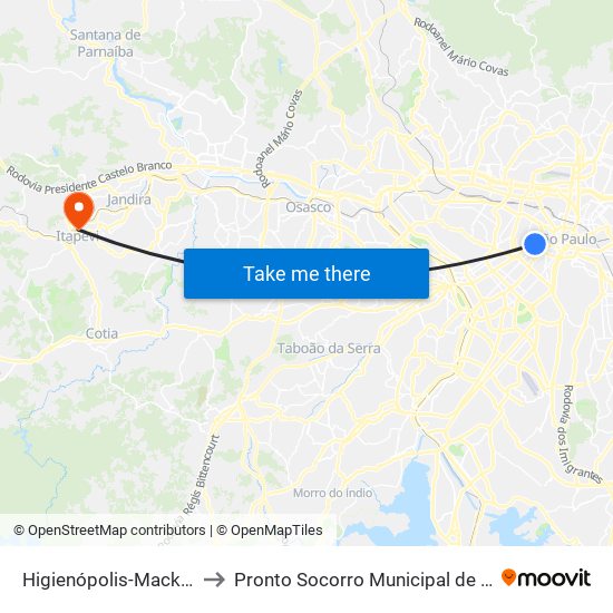 Higienópolis-Mackenzie to Pronto Socorro Municipal de Itapevi map