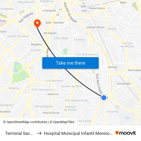 Terminal Sacomã to Hospital Municipal Infantil Menino Jesus map