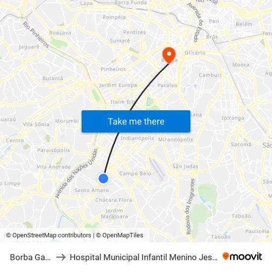 Borba Gato to Hospital Municipal Infantil Menino Jesus map
