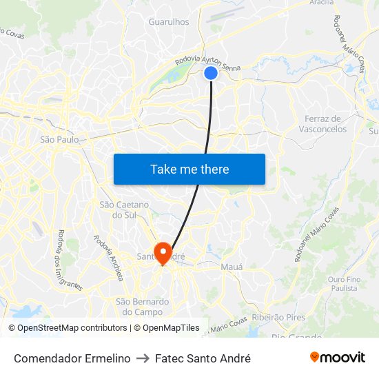 Comendador Ermelino to Fatec Santo André map