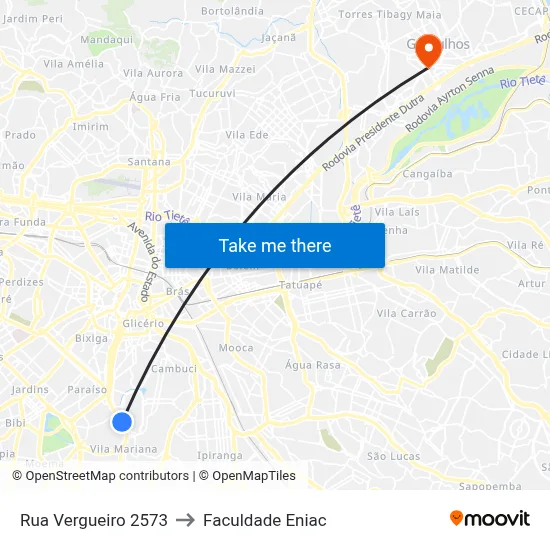 Rua Vergueiro 2573 to Faculdade Eniac map