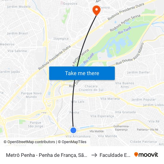 Terminal Metrô Penha Norte - Penha de França, São Paulo to Faculdade Eniac map