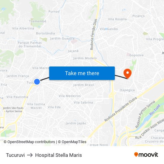 Tucuruvi to Hospital Stella Maris map