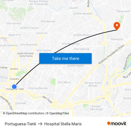 Portuguesa-Tietê to Hospital Stella Maris map