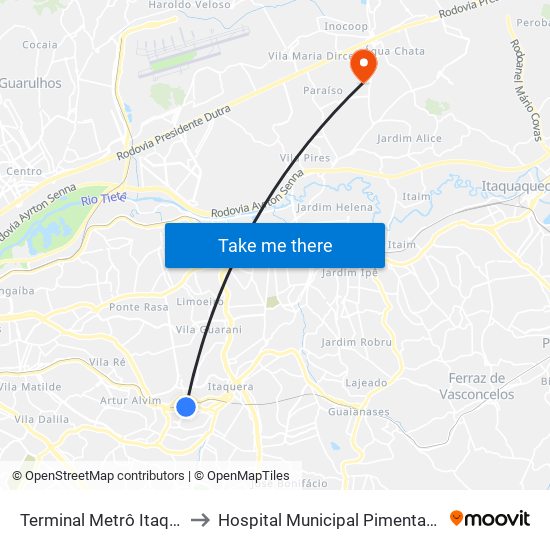 Terminal Metrô Itaquera Norte to Hospital Municipal Pimentas Bonsucesso map