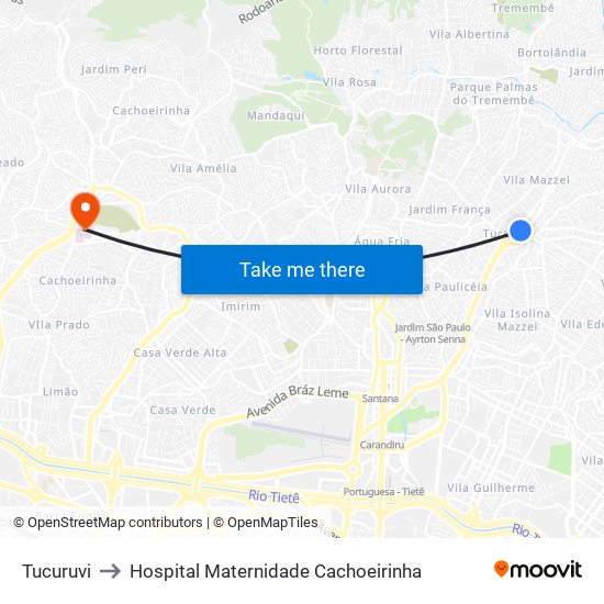 Tucuruvi to Hospital Maternidade Cachoeirinha map