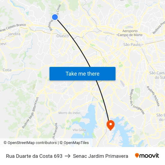 Rua Duarte da Costa 693 to Senac Jardim Primavera map