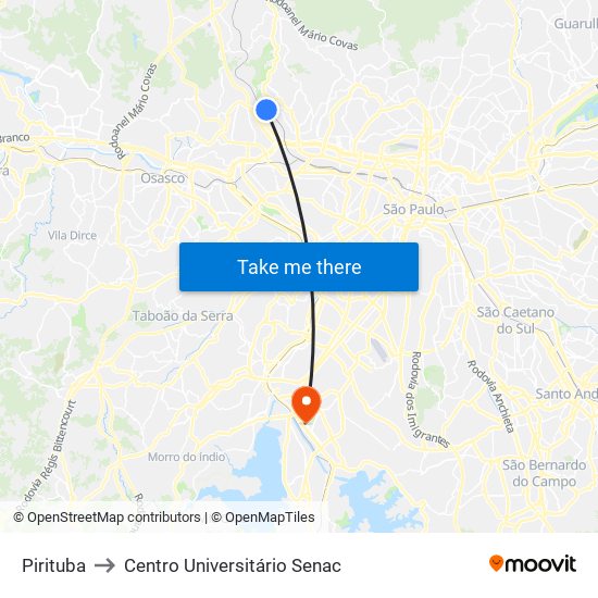 Pirituba to Centro Universitário Senac map