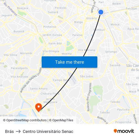 Brás to Centro Universitário Senac map