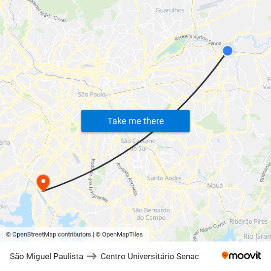 São Miguel Paulista to Centro Universitário Senac map