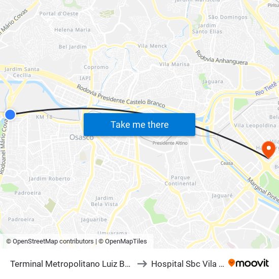 Terminal Metropolitano Luiz Bortolosso / Km 21 to Hospital Sbc Vila Leopoldina map