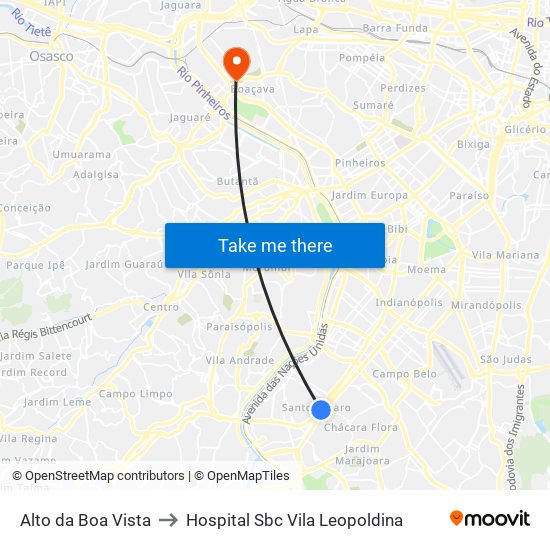 Alto da Boa Vista to Hospital Sbc Vila Leopoldina map