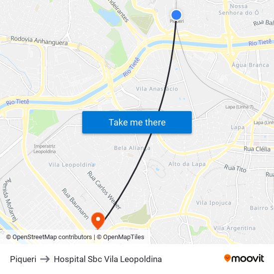 Piqueri to Hospital Sbc Vila Leopoldina map