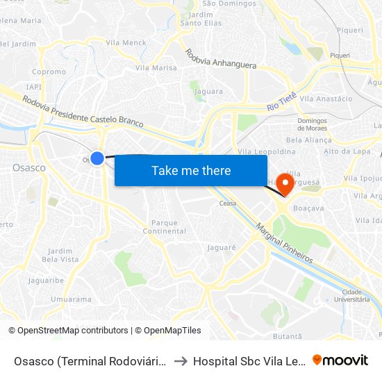 Osasco (Terminal Rodoviário e Urbano) to Hospital Sbc Vila Leopoldina map