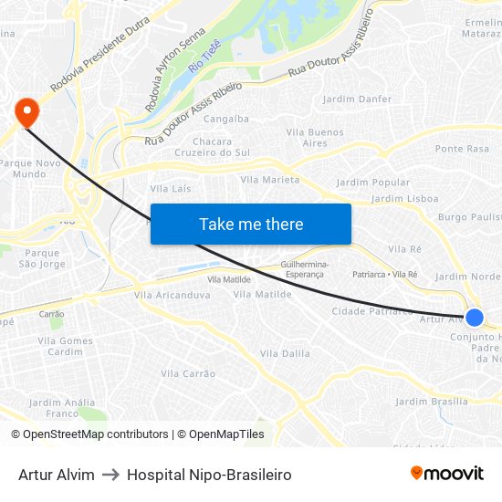 Artur Alvim to Hospital Nipo-Brasileiro map