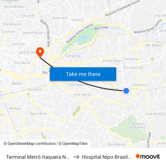 Terminal Metrô Itaquera Norte to Hospital Nipo-Brasileiro map