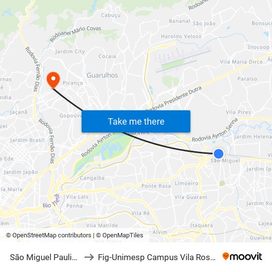 São Miguel Paulista to Fig-Unimesp Campus Vila Rosália map