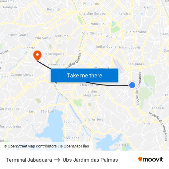 Terminal Jabaquara to Ubs Jardim das Palmas map