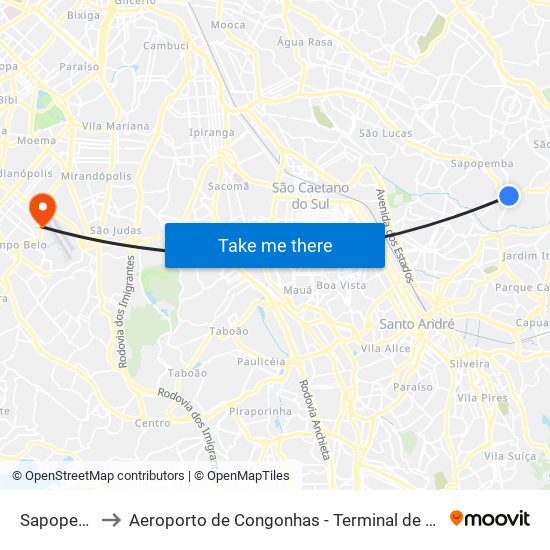 Sapopemba to Aeroporto de Congonhas - Terminal de Passageiros map