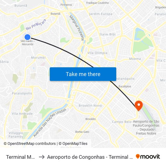 Terminal Morumbi to Aeroporto de Congonhas - Terminal de Passageiros map