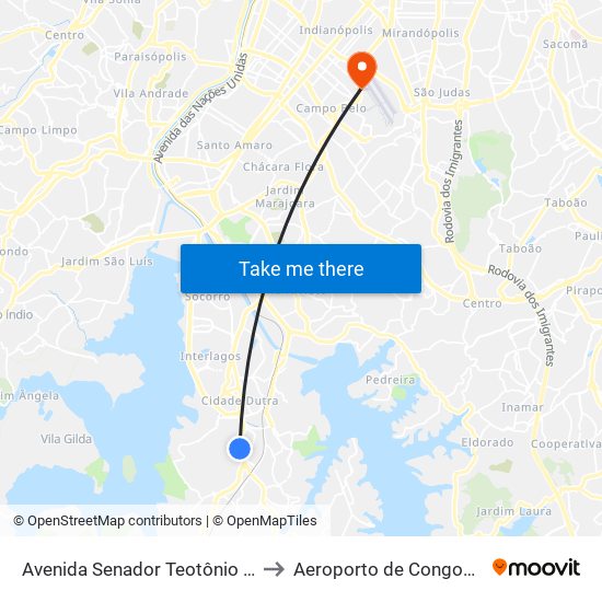 Avenida Senador Teotônio Vilela - Parada Rodrigues Vilares C/B to Aeroporto de Congonhas - Terminal de Passageiros map