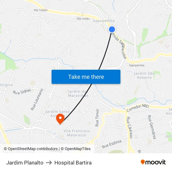 Jardim Planalto to Hospital Bartira map