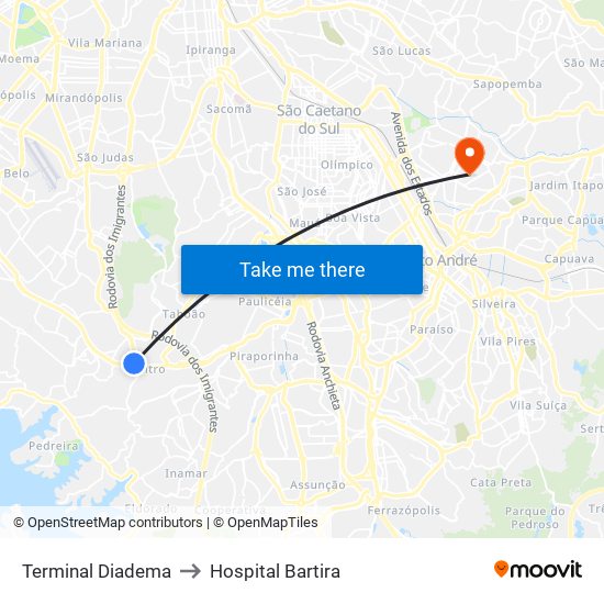 Terminal Diadema to Hospital Bartira map