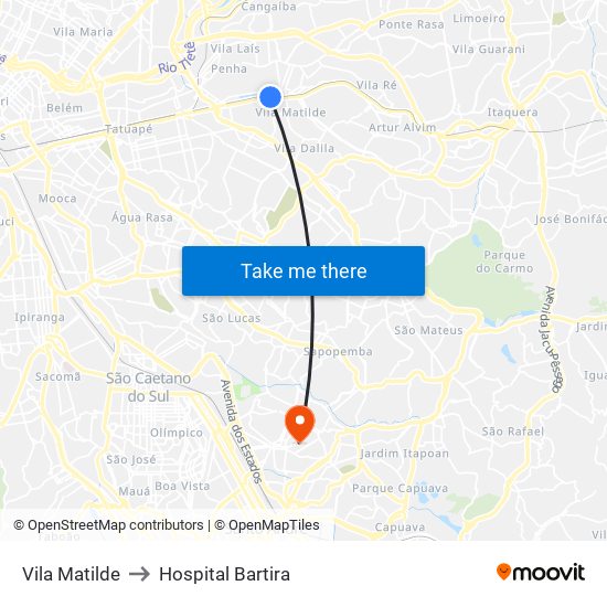 Vila Matilde to Hospital Bartira map