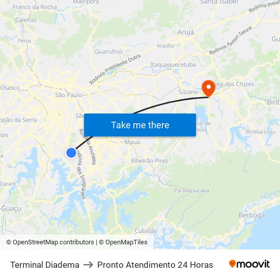 Terminal Diadema to Pronto Atendimento 24 Horas map