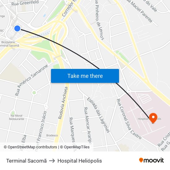 Terminal Sacomã to Hospital Heliópolis map