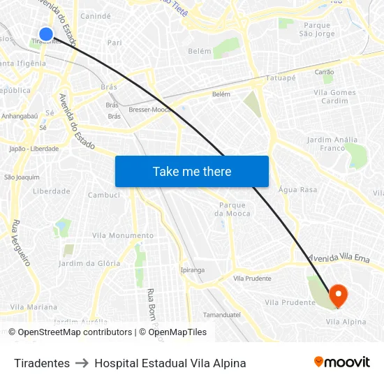 Tiradentes to Hospital Estadual Vila Alpina map