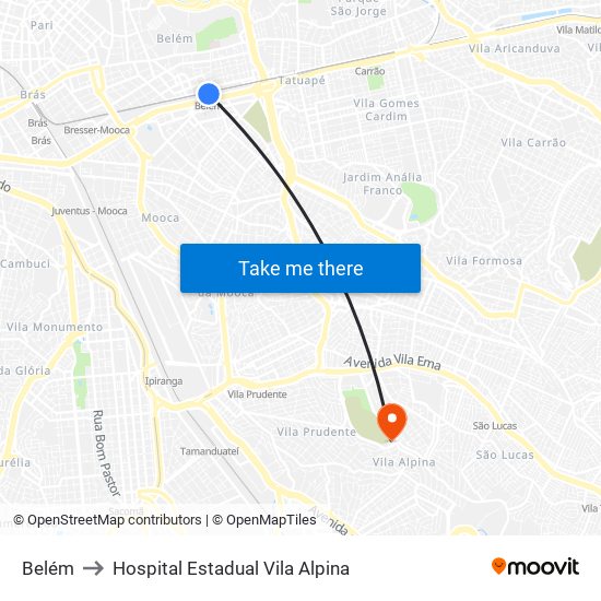 Belém to Hospital Estadual Vila Alpina map