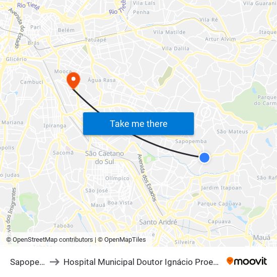 Sapopemba to Hospital Municipal Doutor Ignácio Proença de Gouvêa map